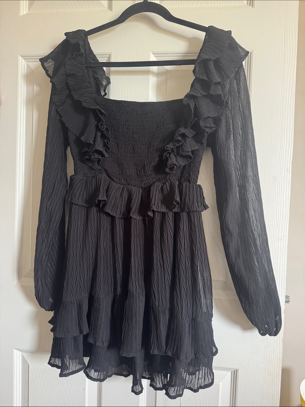 Windsor Black Smocked Ruffle Long-Sleeve Mini Dress